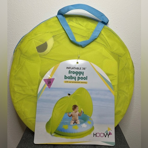 Hoovy Froggy Inflatable 36” Adorable Baby Pool W/Sun Protection Awning Brand New - Picture 1 of 4